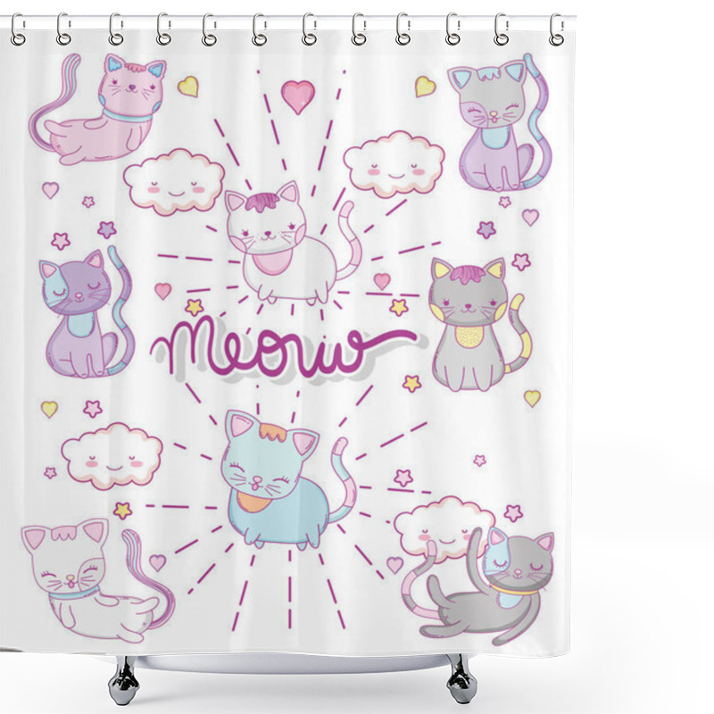 Personality  Cute Cats With Kawaii Clouds And Herts Vector Illustration Shower Curtains