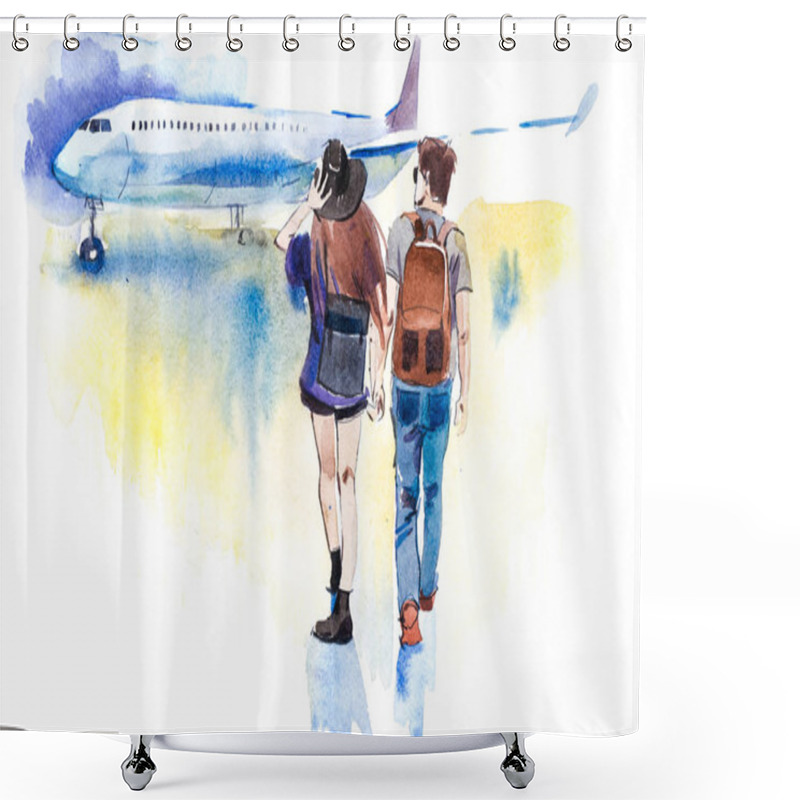 Personality  Young Couple Travelers Going To Airplane. Tourists Passagers Walking In To Aircraft At Airport Shower Curtains