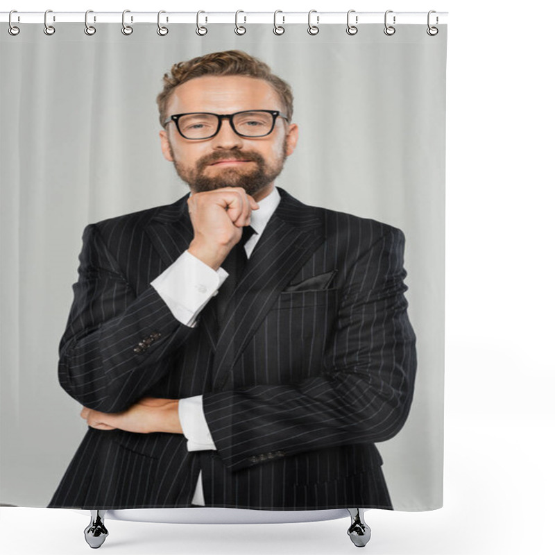 Personality  Bearded Businessman In Suit And Glasses Holding Hand Near Chin Looking At Camera Isolated On Grey  Shower Curtains