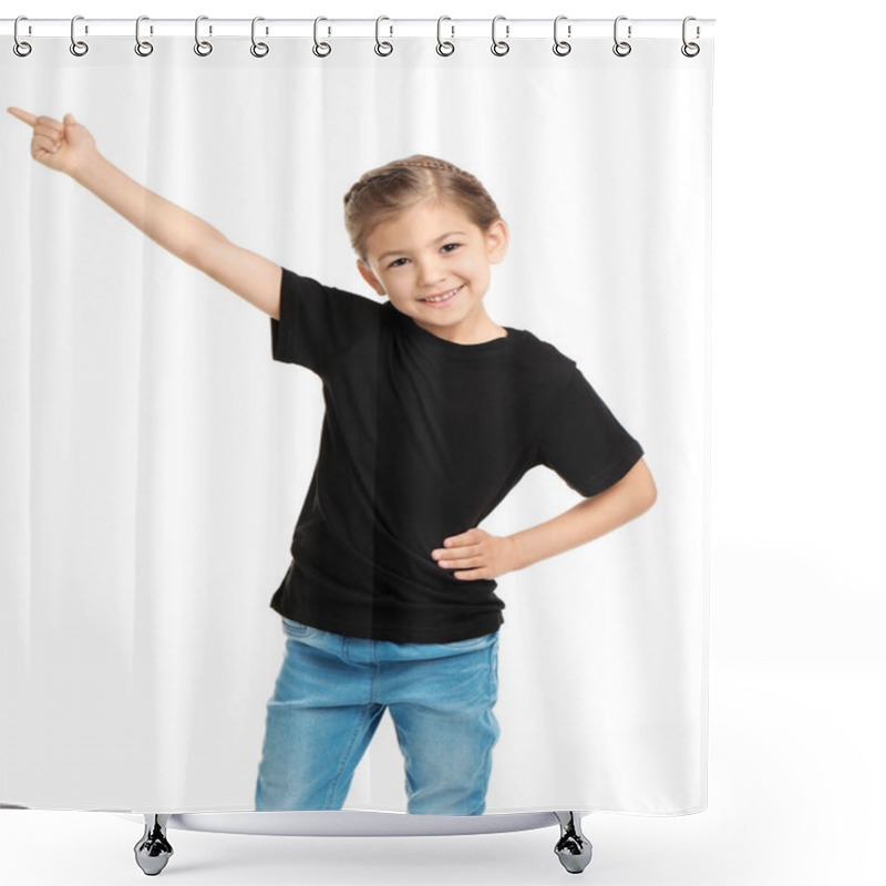 Personality  Little Girl In T-shirt On White Background. Mockup For Design Shower Curtains