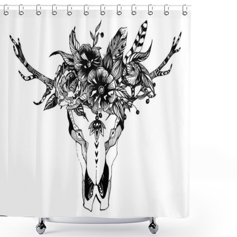 Personality  Cow, Buffalo, Bull Skull In Tribal Style With Flowers. Bohemian, Boho Vector Illustration. Wild And Free Ethnic Gypsy Symbol. Shower Curtains