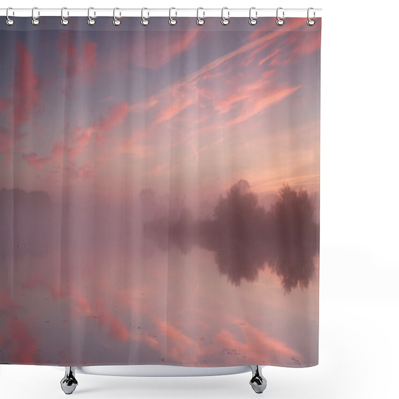 Personality  Dramatic Foggy Sunrise Over Wild Lake Shower Curtains