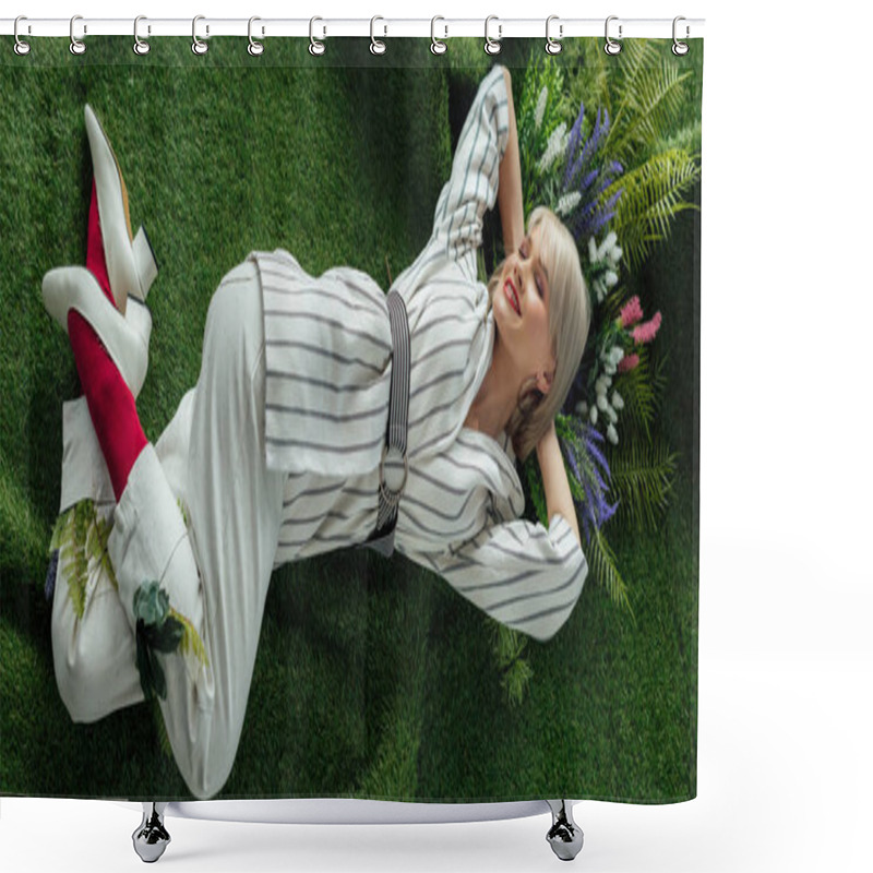 Personality  Panoramic Shot Of Beautiful Stylish Girl Smiling While Lying On Artificial Grass With Flowers  Shower Curtains