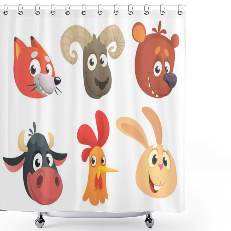 Personality  Set Of Cartoon Forest Animals Head Icons. Vector Collection Of Forest Wild Animals Characters. Fox, Sheep, Bear, Cow, Rooster Or Chicken, Rabbit.  Design Elements Isolated. Shower Curtains