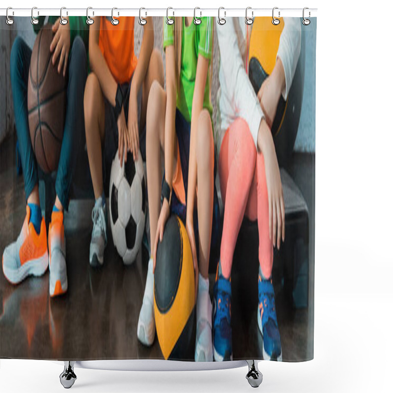 Personality  Cropped View Of Children Sitting On Step Platforms With Balls In Gym, Panoramic Shot Shower Curtains