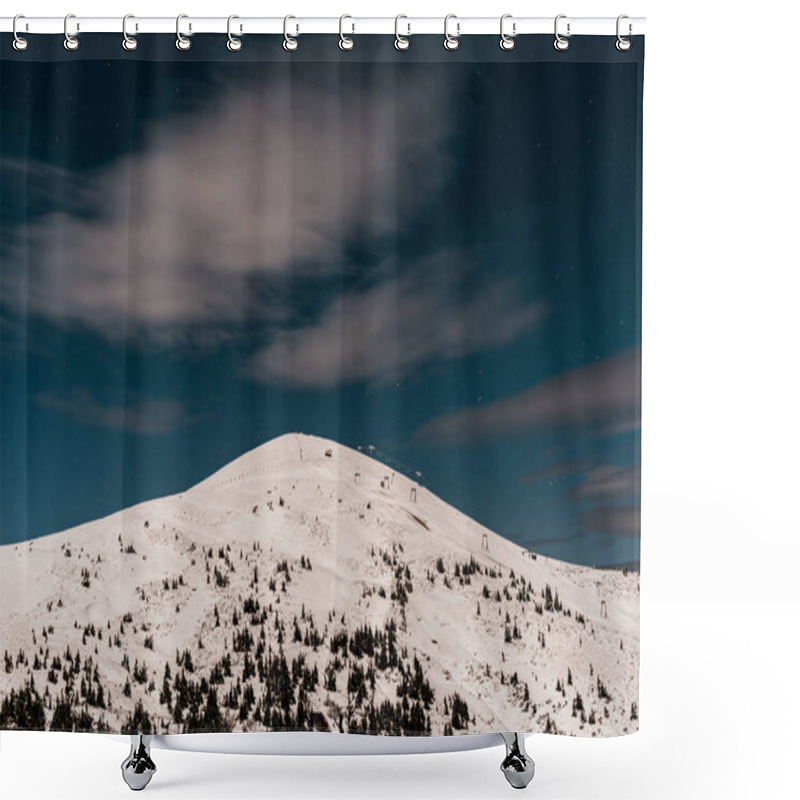 Personality  Scenic View Of Mountain Covered With Snow And Pine Trees Against Dark Sky In Evening Shower Curtains