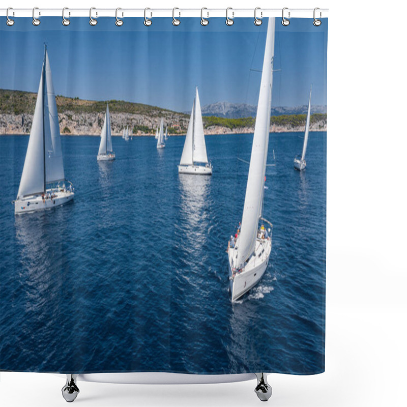 Personality  Aerial Shot Of The Yacht Race, A Sailing Regatta, Intense Competition, A Lot Of White Sails, Island Is On Background, Top Travel Destination, Vacation In Croatia, Idyllic Landscape Shower Curtains