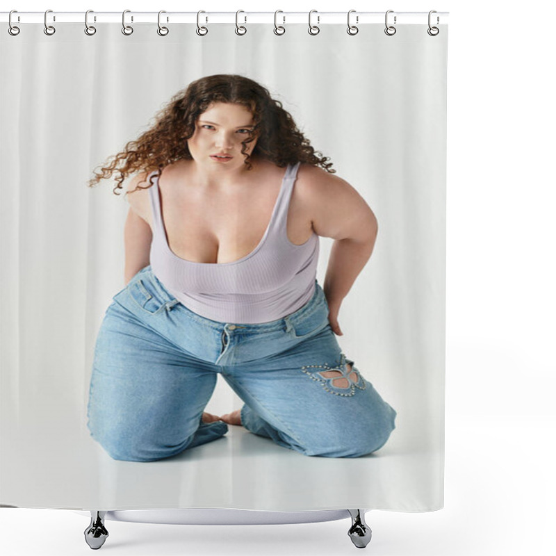 Personality  A Beautiful Young Woman In Fashionable Attire Creatively Poses In A Minimalist Studio. Shower Curtains