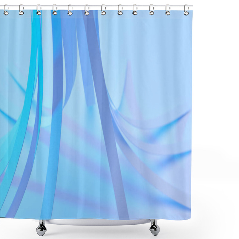 Personality  Close Up View Of Curved Paper Stripes On Neon Blue Background Shower Curtains