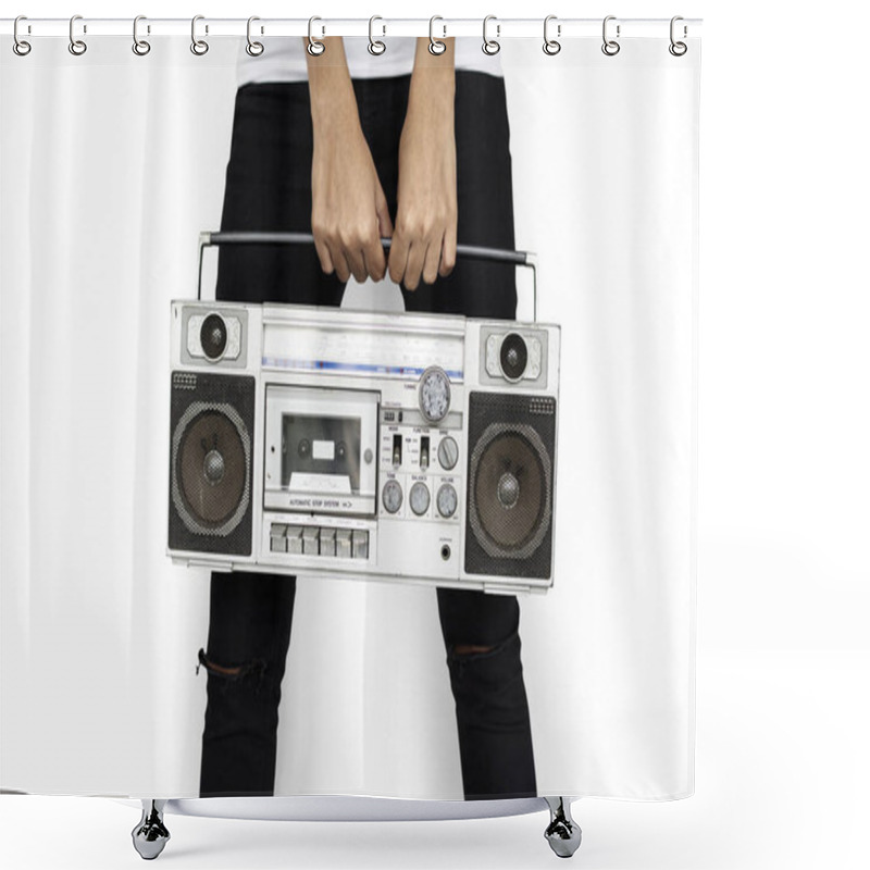 Personality  Person Holding Old Retro Radio Shower Curtains