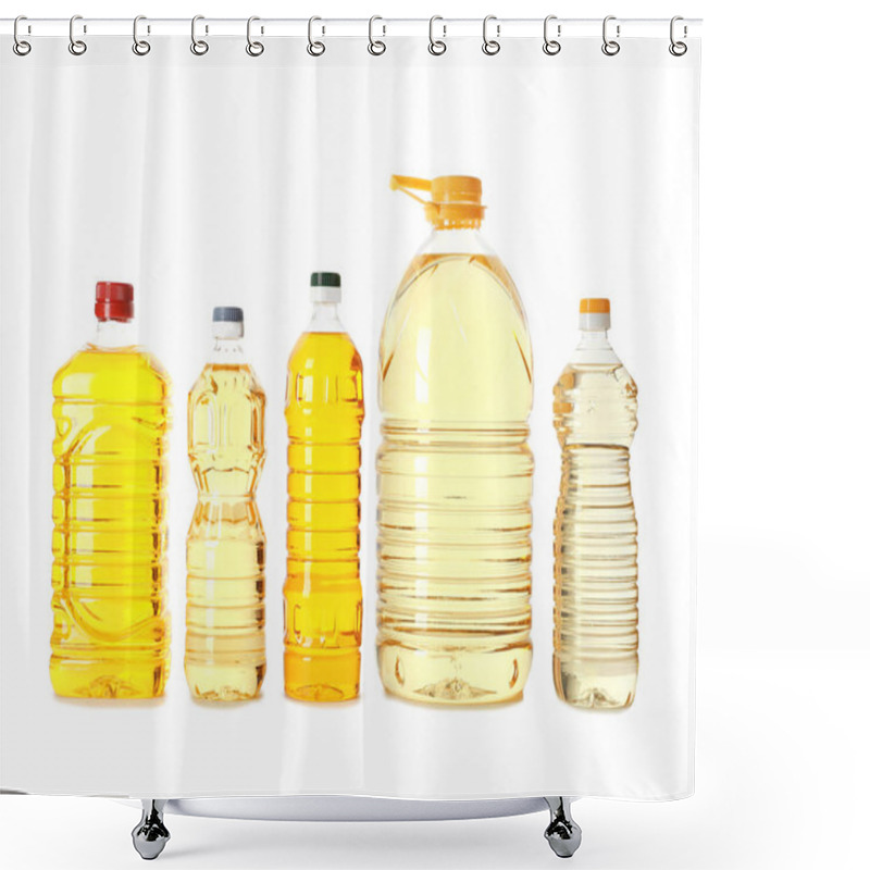 Personality  Different Plastic Bottles With Oils On White Background Shower Curtains