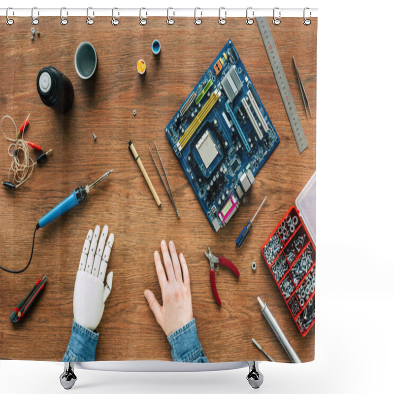 Personality  Cropped Image Of Man With Prosthetic Arm Sitting At Table With Instruments  Shower Curtains