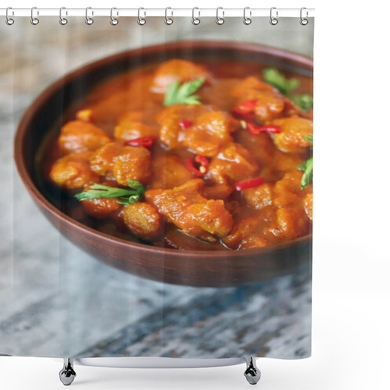 Personality  Vegan Curry In A Bowl. Soya Meat Curry. Healthy Food. Vegan Diet. Shower Curtains