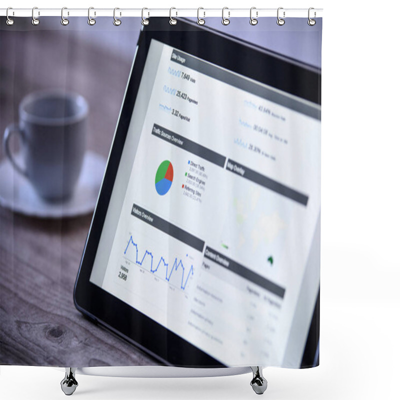 Personality  Charts And Analytical Data On The Tablet Screen With A Cup Of Coffee On A Wooden Vintage Table. Shower Curtains