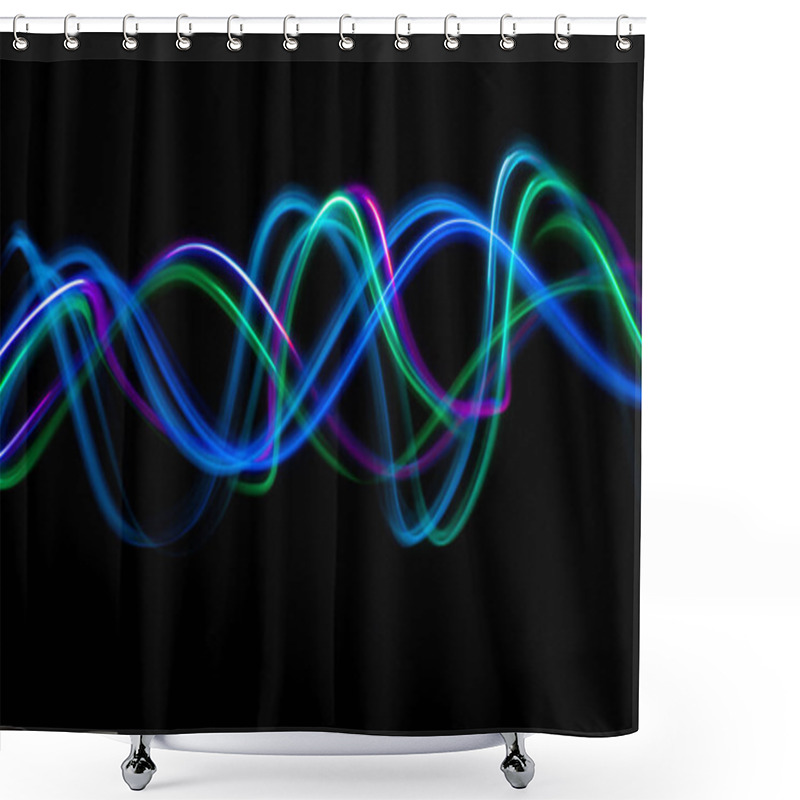 Personality  Abstract Technology Banner Design. Long Exposure, Light Painting. Vibrant Streaks Of Digital Neon Lines On Black Background. High Quality Photo Shower Curtains