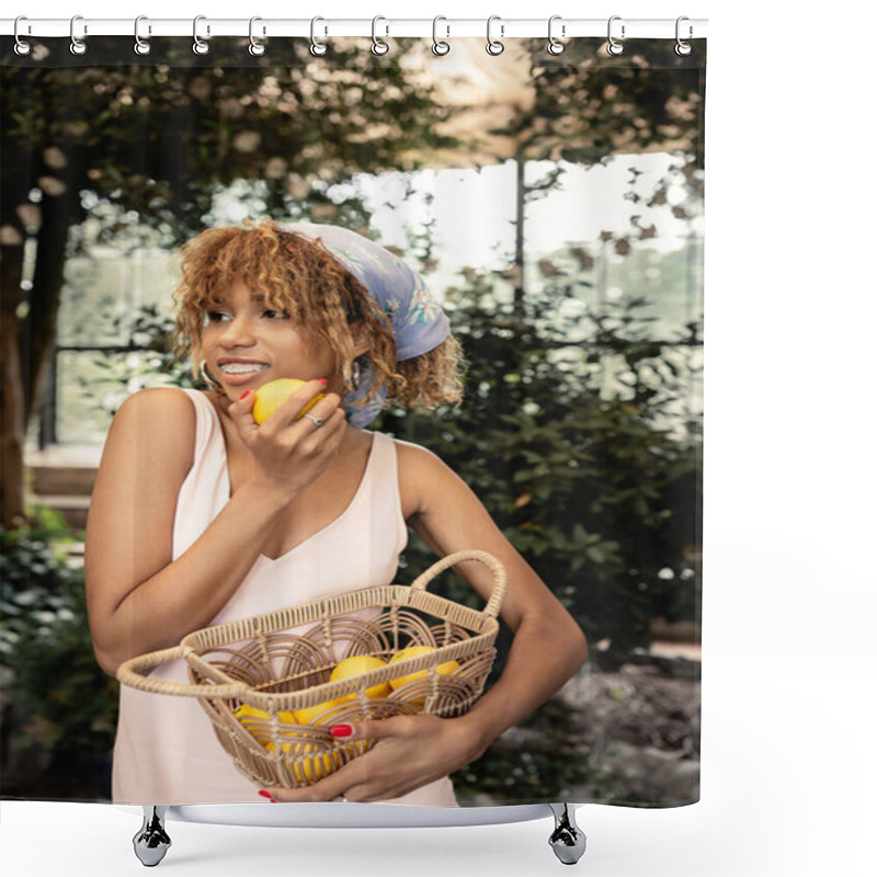 Personality  Smiling And Trendy Young African American Woman With Braces Wearing Summer Dress And Headscarf Holding Basket With Fresh Lemons In Orangery, Stylish Lady Blending Fashion And Nature Shower Curtains