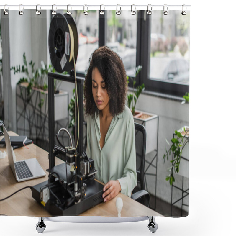 Personality  Serious Young Designer Working With 3D Printer Near Laptop And Produced Plastic Models On Table In Modern Office Shower Curtains