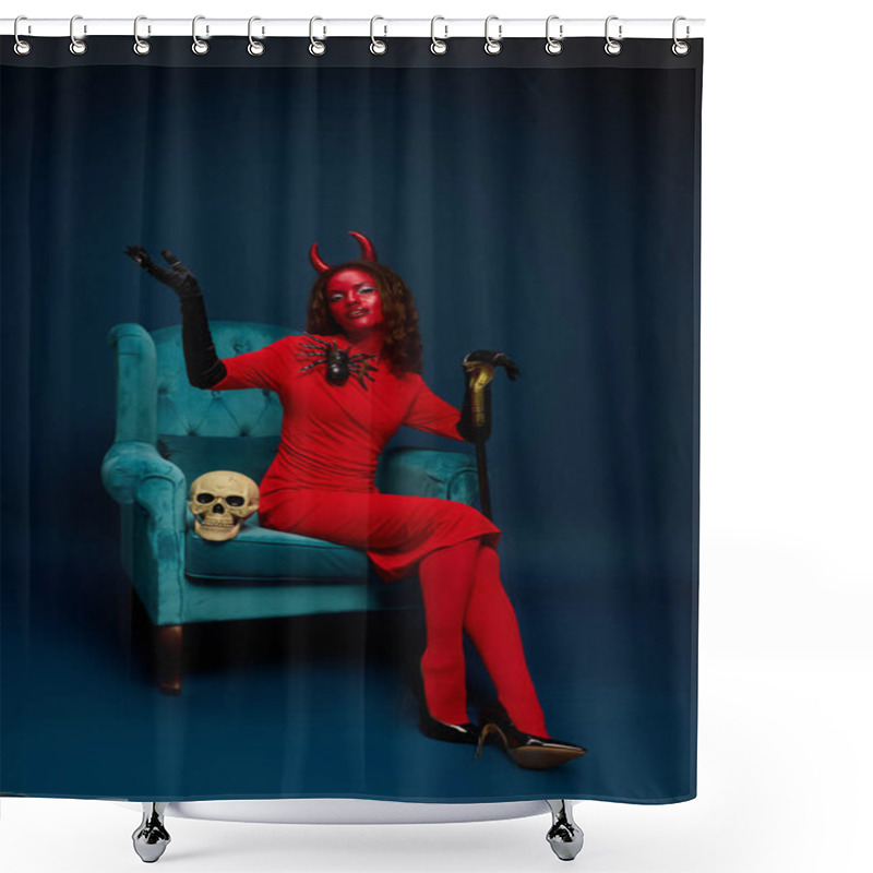 Personality  A Stunning Woman In A Devil Outfit Confidently Sits In A Chic Turquoise Chair For Halloween. Shower Curtains