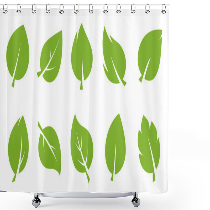 Personality  A Collection Of Green Leaf Icons In Different Shapes And Styles, Symbolizing Nature, Ecology, And Environmental Themes. Shower Curtains