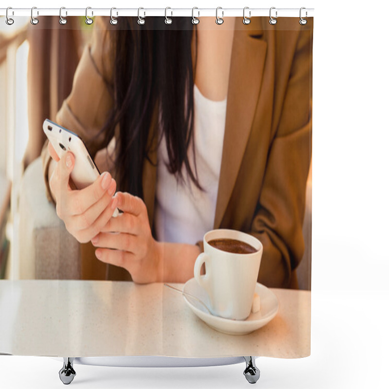 Personality  At Dinner Young Woman Reading Messege On Phone In Cafe Shower Curtains