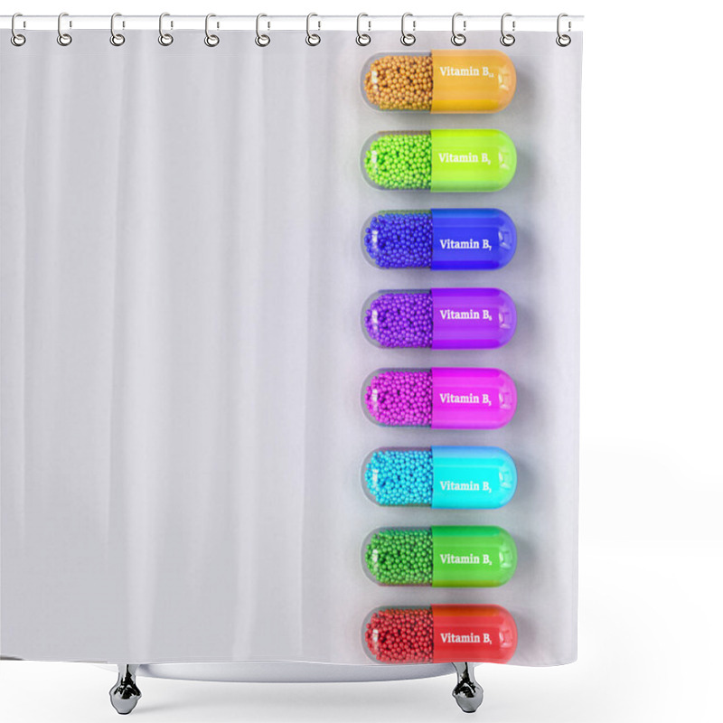 Personality  Medical Background, Vitamin Group B, B1, B2, B3, B5, B6, B7, B9, B12, Multi-colored Capsules, 3d Rendering, Top View Shower Curtains