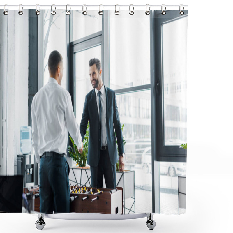 Personality  Happy Businessmen Shaking Hands Near Table Football In Modern Office  Shower Curtains