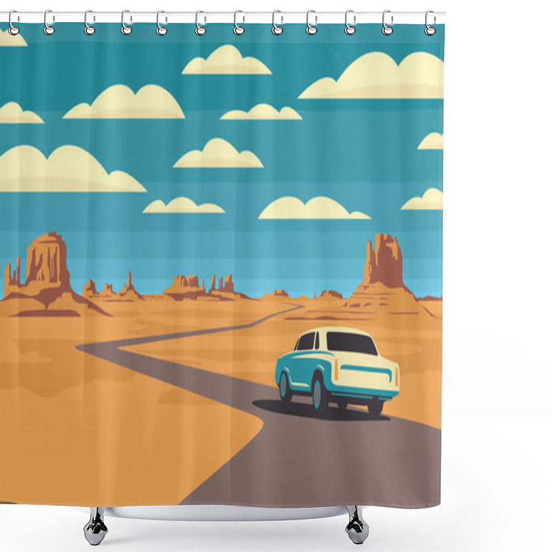 Personality  Vector Landscape With A Highway And A Passing White Car In The Desert With Mountains And Clouds In The Blue Sky. Colored Cartoon Illustration With A Barren American Scenery And An Endless Road Shower Curtains