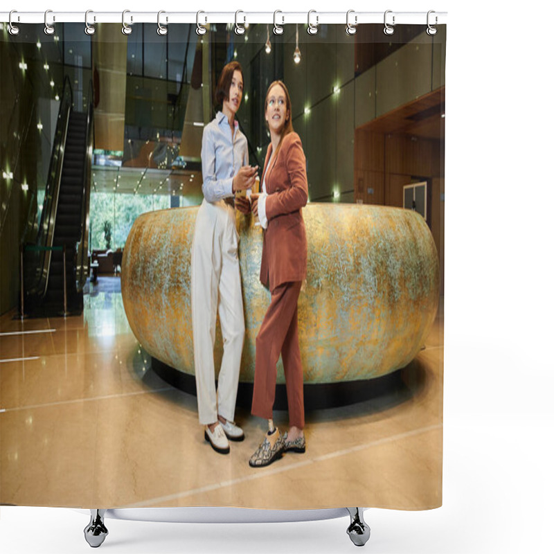 Personality  Two Colleagues Chat By A Large, Decorative Counter In An Office Lobby. Shower Curtains