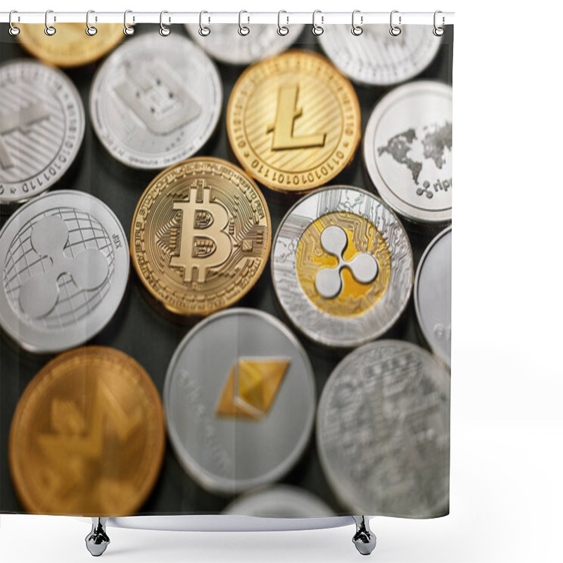 Personality  LTC, ETH, BTC, XMR, XRP Gold And Silver Coins, Crypto Currency. Pattern Of Coins On A Dark Background. Business Concept. Top View Shower Curtains