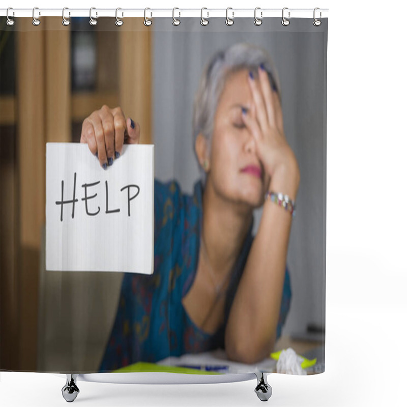 Personality  Desperate And Stressed Attractive Middle Aged Asian Woman Holding Notepad Asking For Help Feeling Overworked And Exploited Working At Computer Office Desk Suffering Stress Shower Curtains