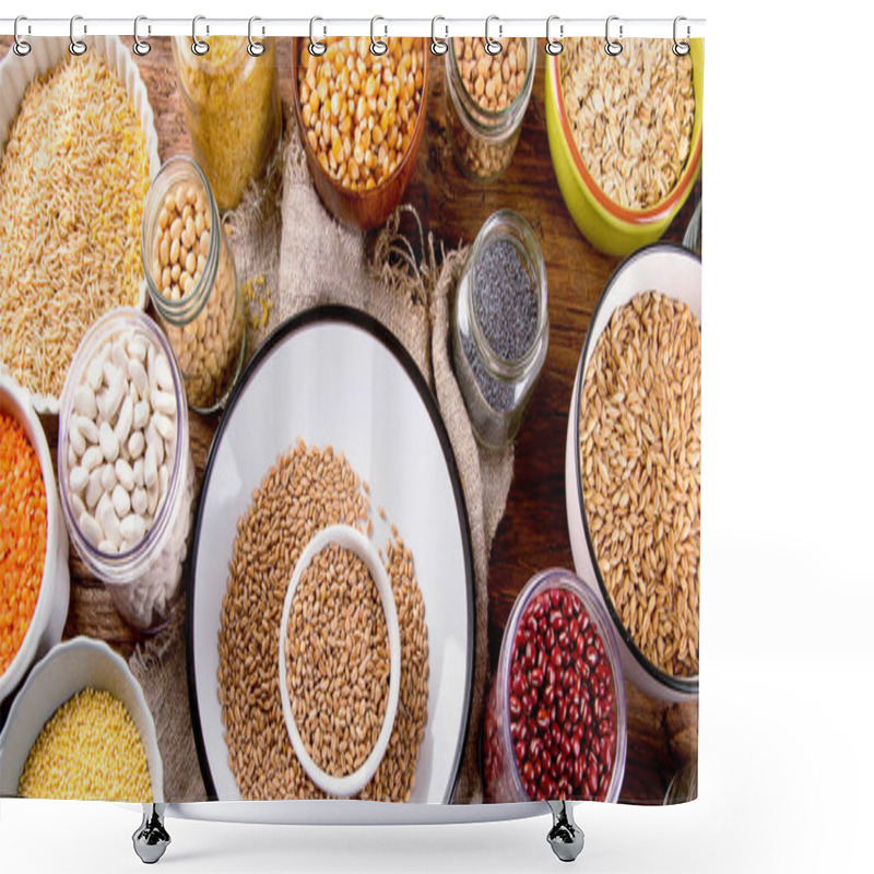 Personality  Ancient Grains, Seeds, Beans On Wooden Background. Top View Shower Curtains