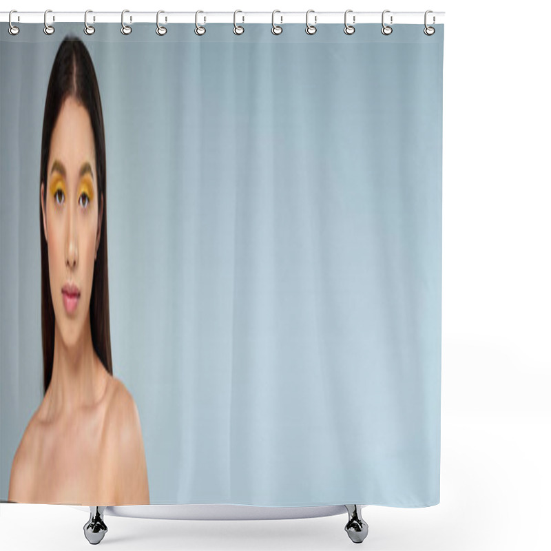 Personality  Asian Woman With Bold Makeup Looking At Camera Isolated On Blue, Diverse Beauty, Banner Shower Curtains