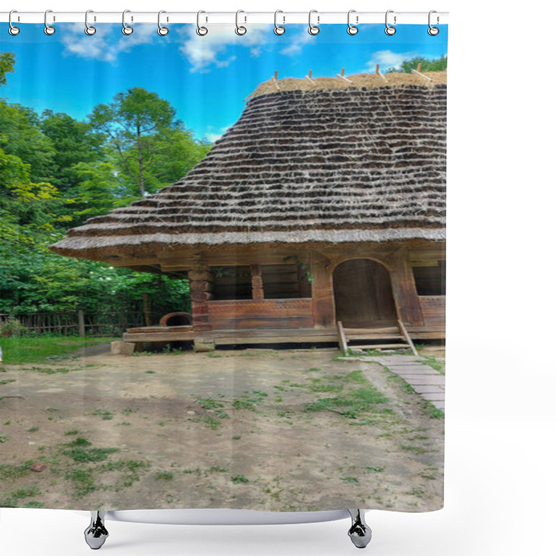 Personality  Traditional Wooden House With Thatched Roof In Rural Setting Shower Curtains