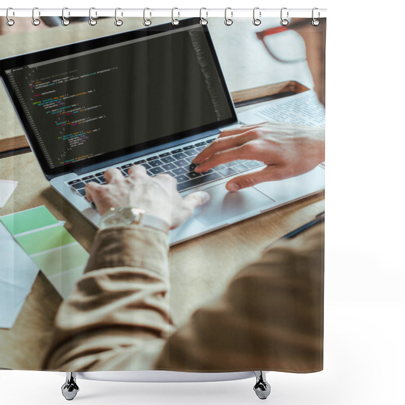 Personality  Cropped View Of Developer Working With Laptop At Table In Coworking Space Shower Curtains