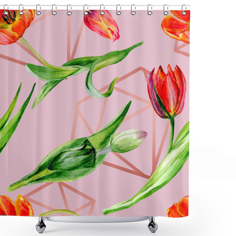 Personality  Amazing Red Tulip Flowers With Green Leaves. Hand Drawn Botanical Flowers. Watercolor Background Illustration. Seamless Pattern. Fabric Wallpaper Print Texture. Shower Curtains