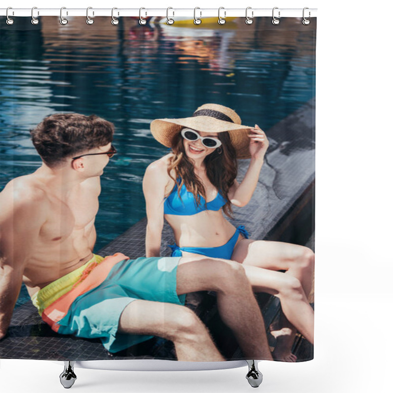 Personality  Cheerful Young Couple Talking And Smiling While Sitting Near Swimming Pool Shower Curtains