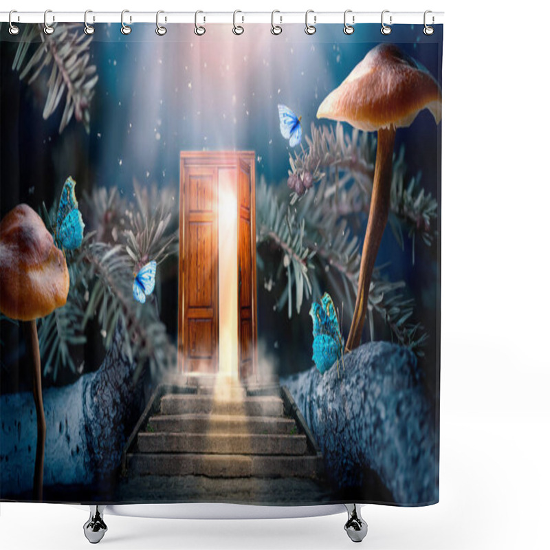 Personality  Fantasy Enchanted Fairy Tale Forest With Magical Opening Secret Wooden Door And Stairs Leading To Mystical Shine Light Outside The Gate, Mushrooms, Rays And Flying Fairytale Magic Butterflies In Woods Shower Curtains