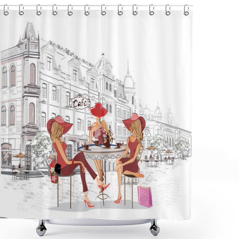 Personality  Series Of The Street Cafes With People, Men And Women, In The Old City, Vector Illustration. Waiters Serve The Tables.  Shower Curtains