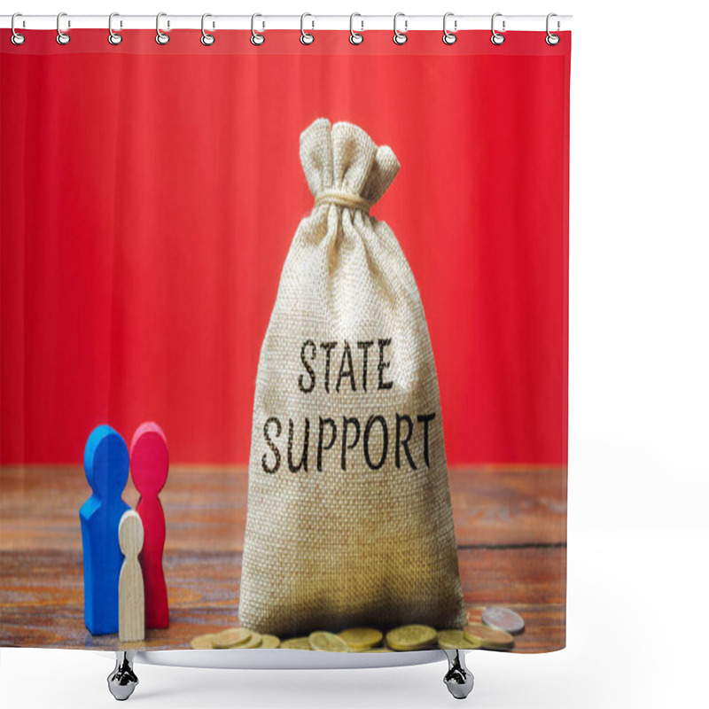 Personality  Money Bag With The Word State Support And Family. State Pensions, Benefits And Guarantees Of Social Protection. Cash Payments. Social Assistance To Low-income Families. Shower Curtains