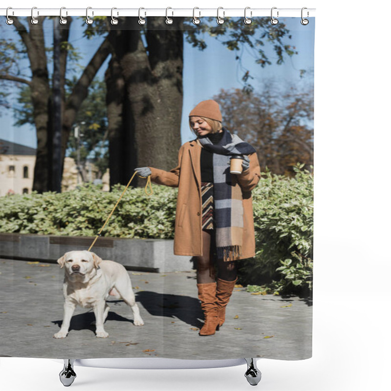 Personality  Full Length Of Joyful Woman In Hat And Coat Holding Paper Cup While Walking With Labrador Dog  Shower Curtains