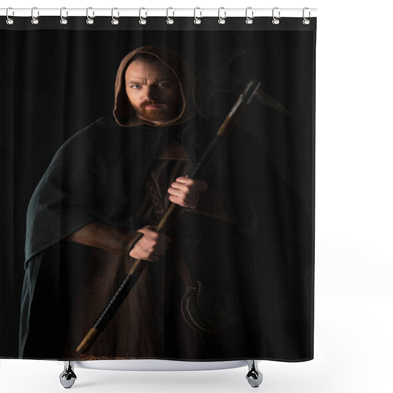 Personality  Frowning Medieval Scottish Warrior With Battle Axe In Mantel Isolated On Black Shower Curtains