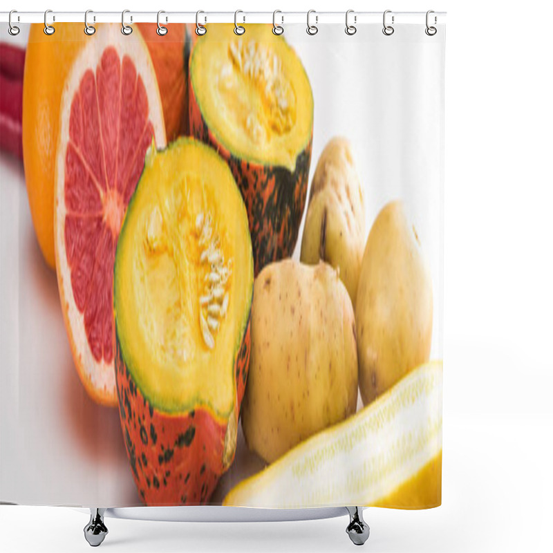 Personality  Panoramic Shot Of Pumpkin, Grapefruit And Potatoes On White Background Shower Curtains