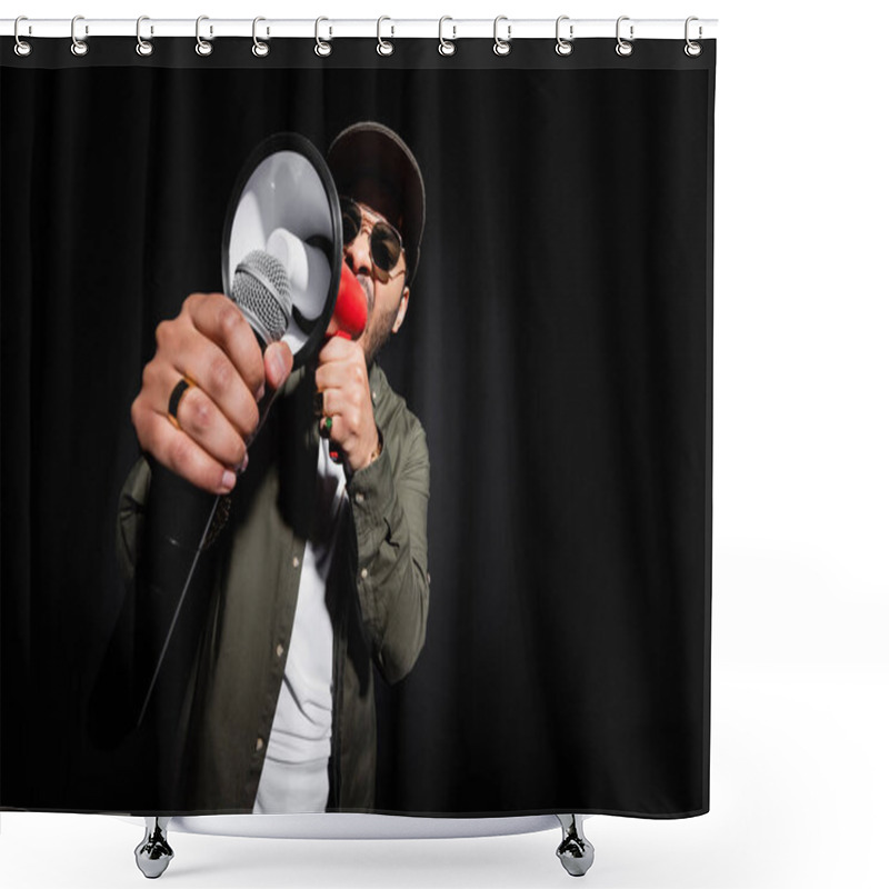 Personality  Middle East Hip Hop Singer In Sunglasses And Cap Singing In Microphone And Loudspeaker On Black Shower Curtains