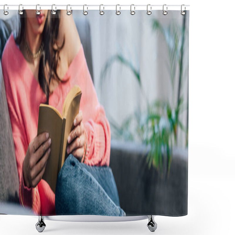 Personality  Cropped View Of Female Student Reading Book On Sofa Shower Curtains