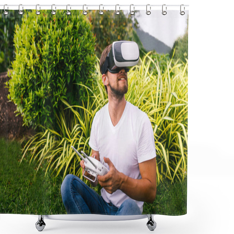 Personality  A Man In A Virtual Reality Helmet Shower Curtains