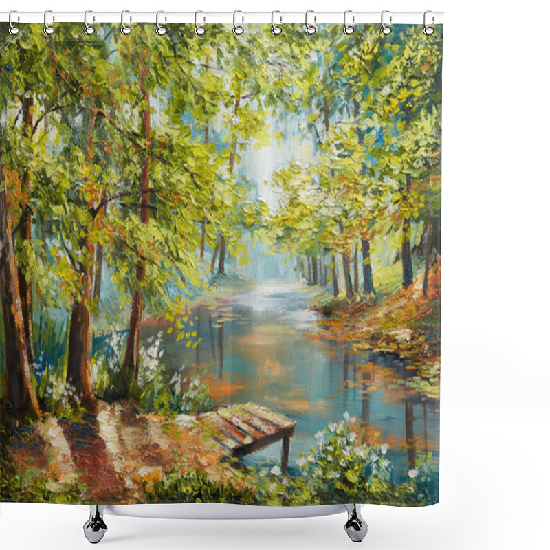 Personality  Oil Painting Landscape - Autumn Forest Near The River, Orange Leaves Shower Curtains