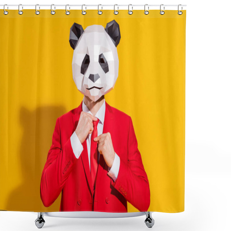 Personality  Photo Of Successful Panda Bear Guy Adjust Tie Wear Mask Head Red Suit Tie Isolated On Yellow Color Background Shower Curtains