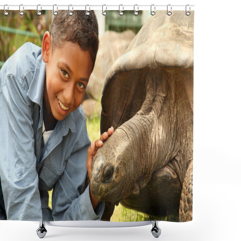 Personality  School Boy With Giant Tortoise Shower Curtains