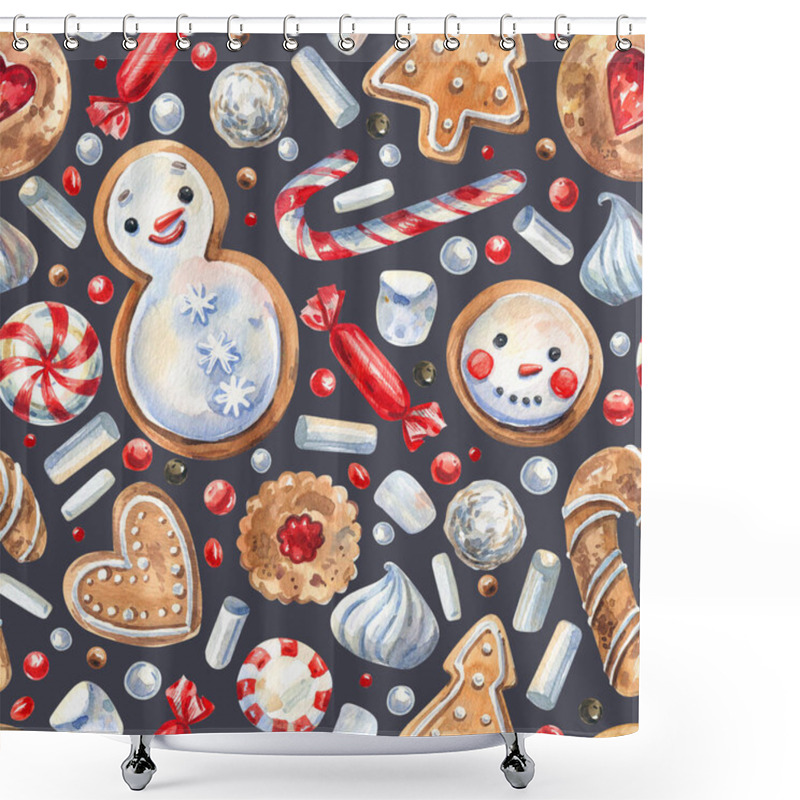 Personality  Watercolor, Seamless Pattern With Traditional Christmas Sweets In Cartoon Style. Lollipops, Candy, Gingerbread, Snowmen, Cookies Festive Background. Texture For Wrapping Paper, Fabrics Shower Curtains