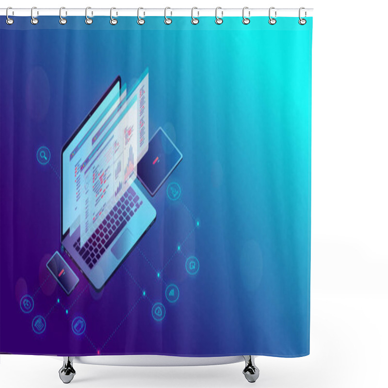 Personality  App Development - Isometric Computer Showing Code, Abstract Programming Language And Monitoring Tools. Smartphone And Tablet Showing Loading Bar. Technology, Developer, Game And Software Concept. Shower Curtains